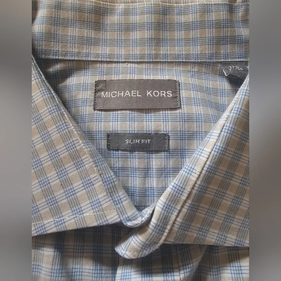 Michael Kors Slim Fit Blue Tan Button Down Dress Shirt Mens Size XL 17-1/2 34-35 - Picture 1 of 13